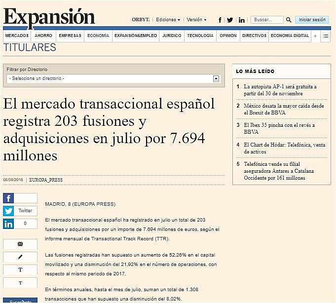 El mercado transaccional espaol registra 203 fusiones y adquisiciones en julio por 7.694 millones